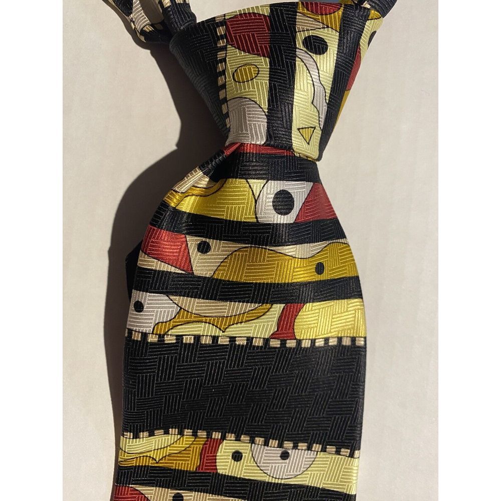 Roberta Collection Men's 100% Silk Tie Yellow/Black/Red Abstract Made In Italy